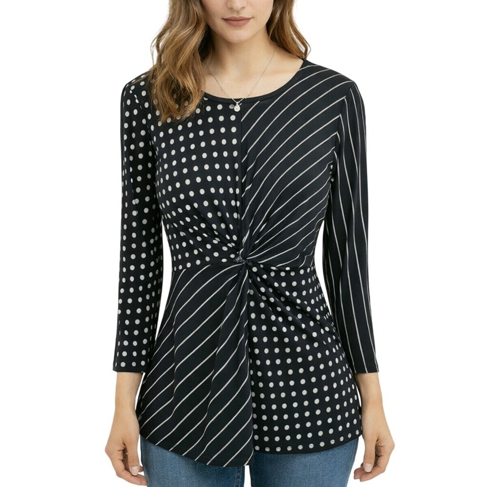 Ophelia‎ Roe Womens M Black White Mixed Print Twist Front Knit Top NWT